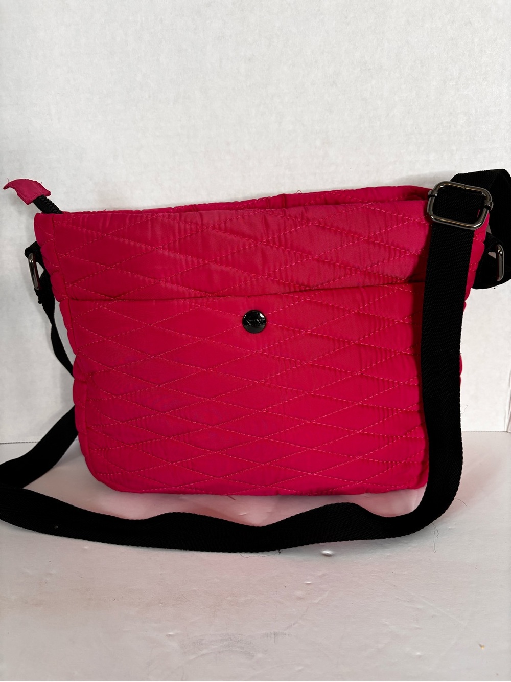 girlfriend collective Quilted Crossbody in Bright Pink with Black Strap